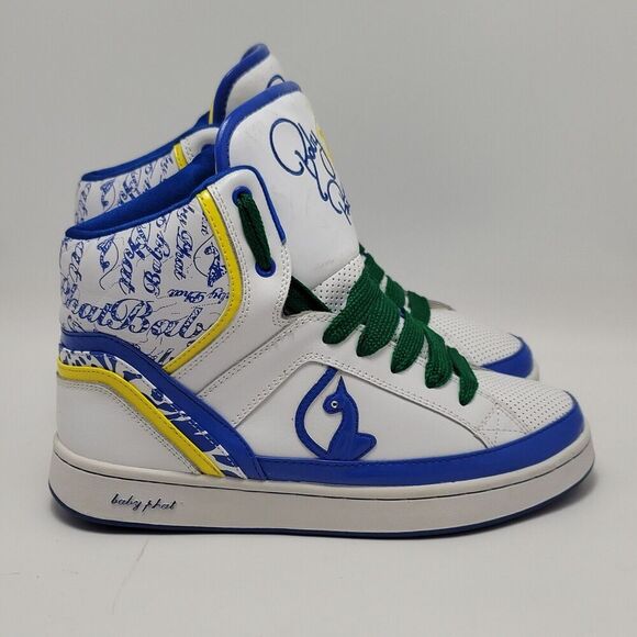 Baby Phat Y2K Women's Cat High Top Leather Sneakers Size 8 White Blue Yellow - Picture 1 of 13